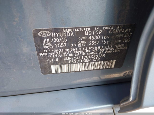 Aukcja sprzedaży 2016 Hyundai Sonata Hybrid Limited, vin: KMHE34L17GA020786, numer aukcji: 46148238