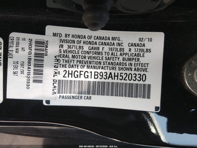 46148240 :رقم المزاد ، 2HGFG1B93AH520330 vin ، 2010 Honda Civic Ex-l مزاد بيع