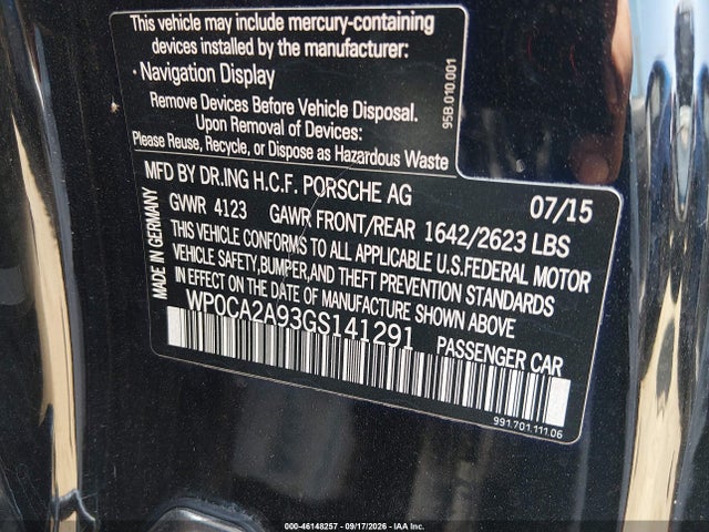 46148257 :رقم المزاد ، WP0CA2A93GS141291 vin ، 2016 Porsche 911 Carrera مزاد بيع