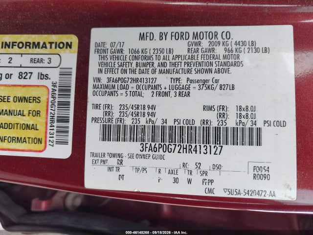 46148268 :رقم المزاد ، 3FA6P0G72HR413127 vin ، 2017 Ford Fusion S مزاد بيع