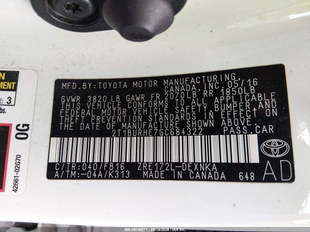 Продаж на аукціоні авто 2016 Toyota Corolla Le, vin: 2T1BURHE7GC684322, номер лоту: 46148271