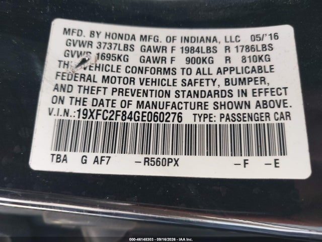 Продаж на аукціоні авто 2016 Honda Civic Ex, vin: 19XFC2F84GE060276, номер лоту: 46148303