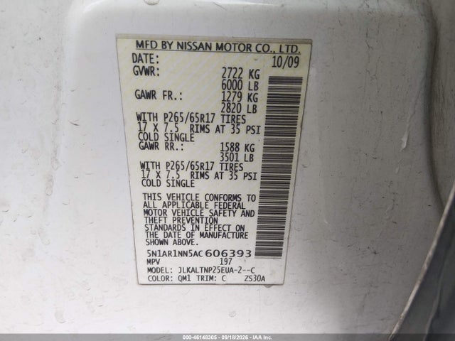 2010 Nissan Pathfinder Se მანქანა იყიდება აუქციონზე, vin: 5N1AR1NN5AC606393, აუქციონის ნომერი: 46148305