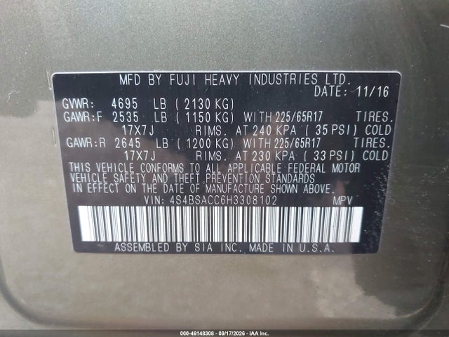 Subaru Outback 2.5i Premium 2017 4S4BSACC6H3308102 Image 9