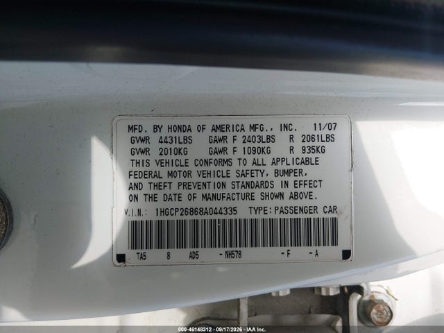 2008 Honda Accord 2.4 Ex-l მანქანა იყიდება აუქციონზე, vin: 1HGCP26868A044335, აუქციონის ნომერი: 46148312