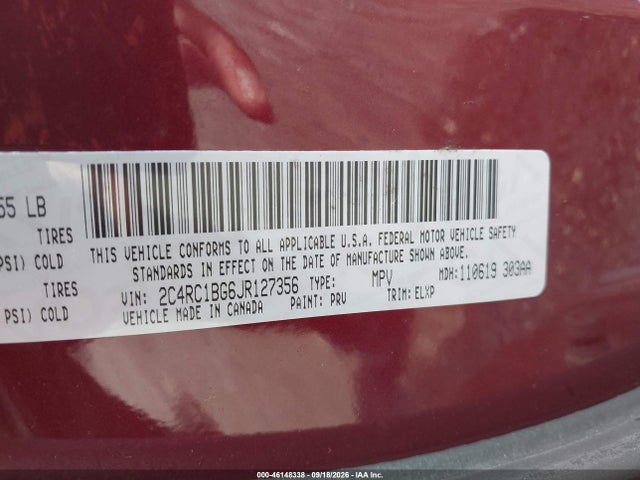 Продаж на аукціоні авто 2018 Chrysler Pacifica Touring L, vin: 2C4RC1BG6JR127356, номер лоту: 46148338
