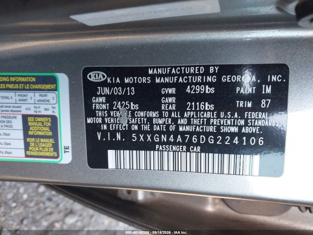 Продажа на аукционе авто 2013 Kia Optima Ex, vin: 5XXGN4A76DG224106, номер лота: 46148356