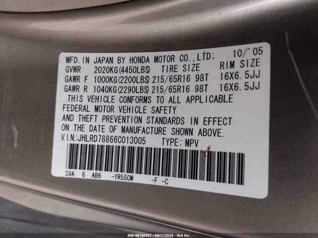 Продажа на аукционе авто 2006 Honda Cr-v Ex, vin: JHLRD78866C013005, номер лота: 46148357