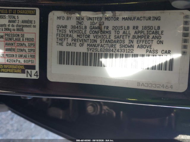 Aukcja sprzedaży 2004 Pontiac Vibe, vin: 5Y2SL62884Z433122, numer aukcji: 46148360