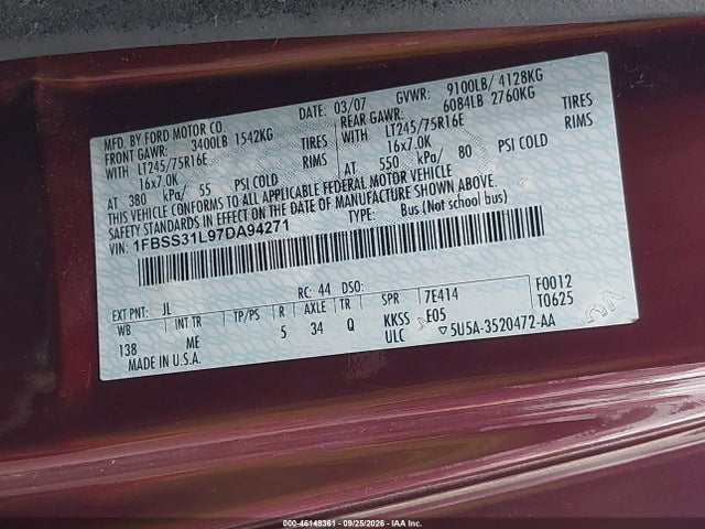 Aukcja sprzedaży 2007 Ford E-350 Super Duty Xl/xlt, vin: 1FBSS31L97DA94271, numer aukcji: 46148361