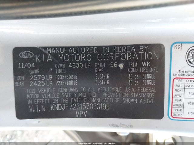 Aukcja sprzedaży 2005 Kia Sportage Ex V6/lx V6, vin: KNDJF723157033199, numer aukcji: 46148362