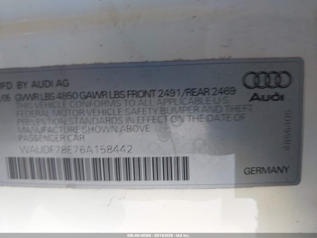 2006 Audi A4 2.0t მანქანა იყიდება აუქციონზე, vin: WAUDF78E76A158442, აუქციონის ნომერი: 46148366