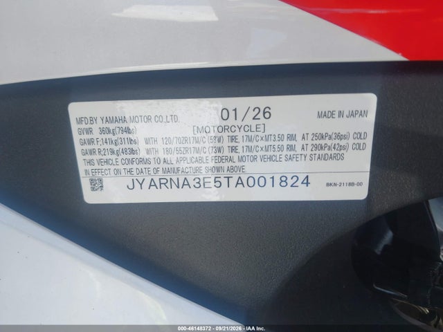 2026 Yamaha Yzf890 მანქანა იყიდება აუქციონზე, vin: JYARNA3E5TA001824, აუქციონის ნომერი: 46148372