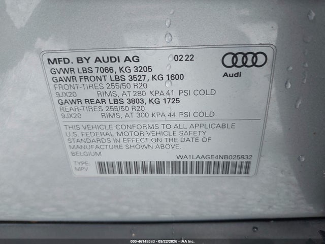 Aukcja sprzedaży 2022 Audi E-tron Premium Plus Quattro, vin: WA1LAAGE4NB025832, numer aukcji: 46148383
