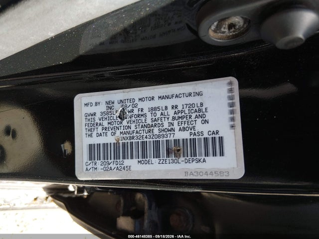 Aukcja sprzedaży 2003 Toyota Corolla S, vin: 1NXBR32E43Z089377, numer aukcji: 46148385