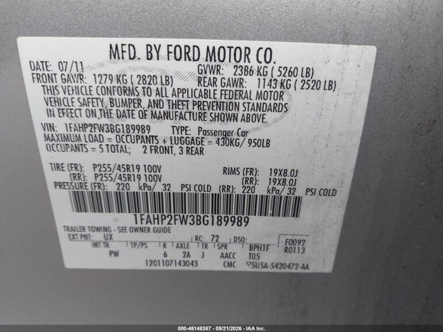 Aukcja sprzedaży 2011 Ford Taurus Limited, vin: 1FAHP2FW3BG189989, numer aukcji: 46148387
