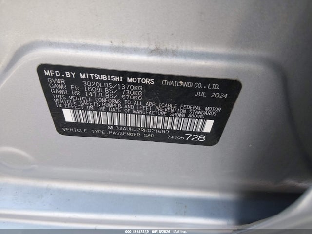 2024 Mitsubishi Mirage Es/le მანქანა იყიდება აუქციონზე, vin: ML32AUHJ2RH021699, აუქციონის ნომერი: 46148389