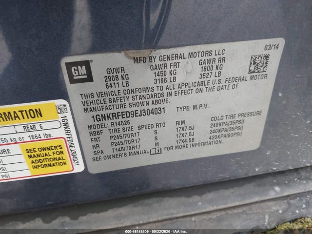 46148409 :رقم المزاد ، 1GNKRFED9EJ304031 vin ، 2014 Chevrolet Traverse Ls مزاد بيع