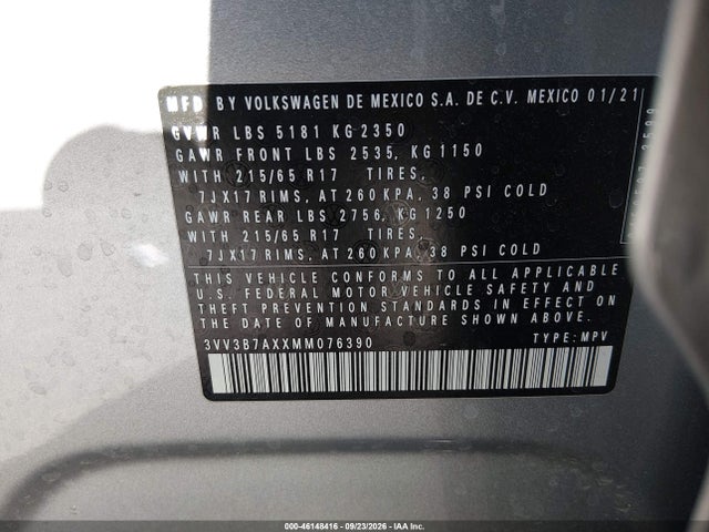 Продажа на аукционе авто 2021 Volkswagen Tiguan Se/se R-line Black/sel, vin: 3VV3B7AXXMM076390, номер лота: 46148416