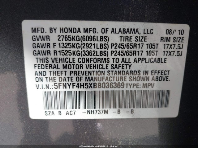 Продаж на аукціоні авто 2011 Honda Pilot Ex-l, vin: 5FNYF4H5XBB036369, номер лоту: 46148434