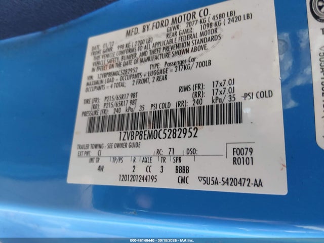 Продаж на аукціоні авто 2012 Ford Mustang V6 Premium, vin: 1ZVBP8EM0C5282952, номер лоту: 46148440
