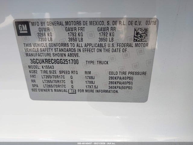Aukcja sprzedaży 2016 Chevrolet Silverado 1500 1lt, vin: 3GCUKREC8GG251700, numer aukcji: 46148457