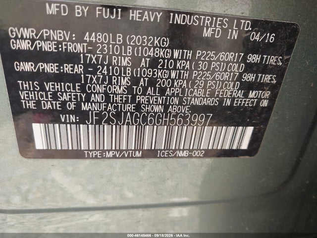 2016 Subaru Forester 2.5i Premium მანქანა იყიდება აუქციონზე, vin: JF2SJAGC6GH563997, აუქციონის ნომერი: 46148466