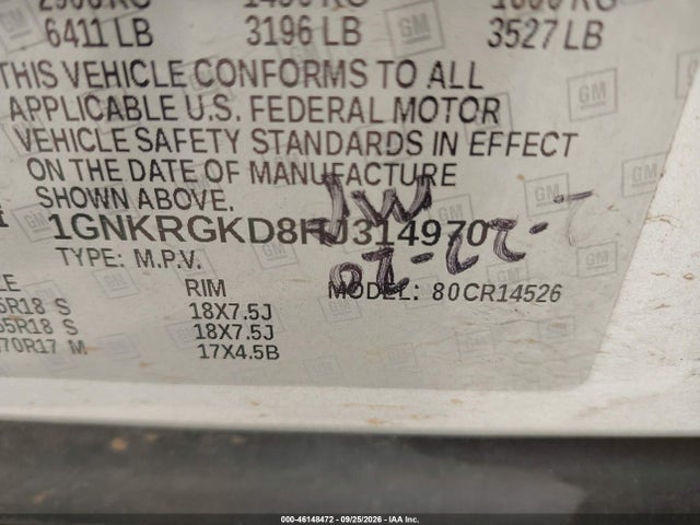 Продаж на аукціоні авто 2017 Chevrolet Traverse 1lt, vin: 1GNKRGKD8HJ314970, номер лоту: 46148472