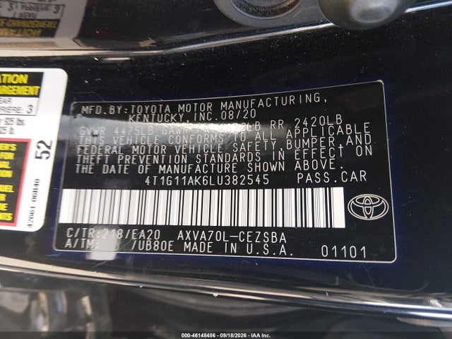 Продажа на аукционе авто 2020 Toyota Camry Se, vin: 4T1G11AK6LU382545, номер лота: 46148486
