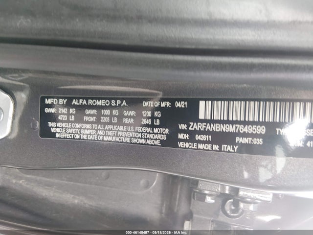 Продаж на аукціоні авто 2021 Alfa Romeo Giulia Ti, vin: ZARFANBN9M7649599, номер лоту: 46148487