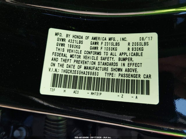 Продаж на аукціоні авто 2017 Honda Accord Sport, vin: 1HGCR2E55HA269850, номер лоту: 46148496
