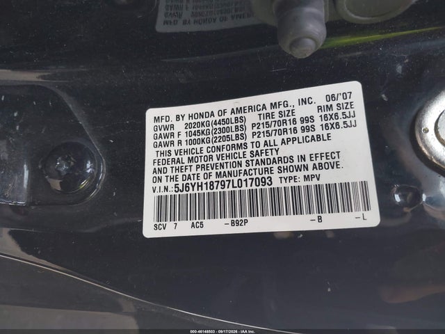 46148503 :رقم المزاد ، 5J6YH18797L017093 vin ، 2007 Honda Element Ex مزاد بيع