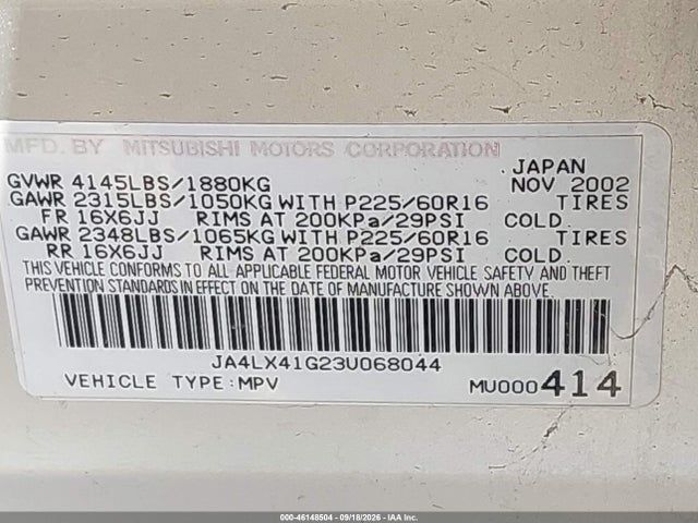 Продаж на аукціоні авто 2003 Mitsubishi Outlander Xls, vin: JA4LX41G23U068044, номер лоту: 46148504