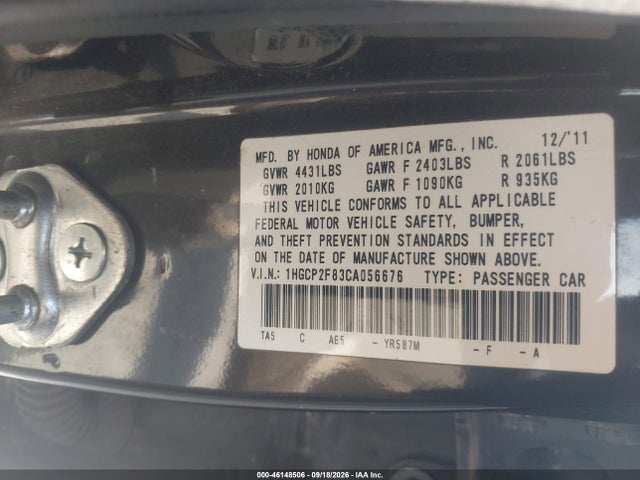 Продажа на аукционе авто 2012 Honda Accord 2.4 Ex-l, vin: 1HGCP2F83CA056676, номер лота: 46148506