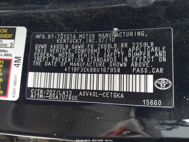 46148516 :رقم المزاد ، 4T1BF3EK8BU167958 vin ، 2011 Toyota Camry Xle مزاد بيع