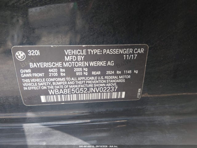 2018 Bmw 320i Xdrive მანქანა იყიდება აუქციონზე, vin: WBA8E5G52JNV02237, აუქციონის ნომერი: 46148518