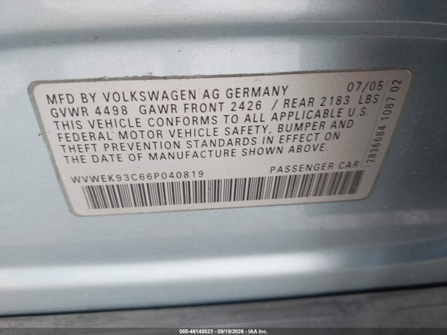 2006 Volkswagen Passat 2.0t მანქანა იყიდება აუქციონზე, vin: WVWEK93C66P040819, აუქციონის ნომერი: 46148523