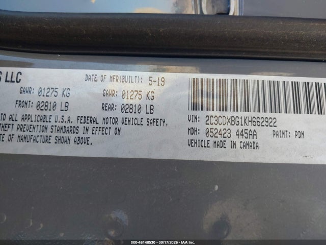 46148530 :رقم المزاد ، 2C3CDXBG1KH662922 vin ، 2019 Dodge Charger Sxt Rwd مزاد بيع