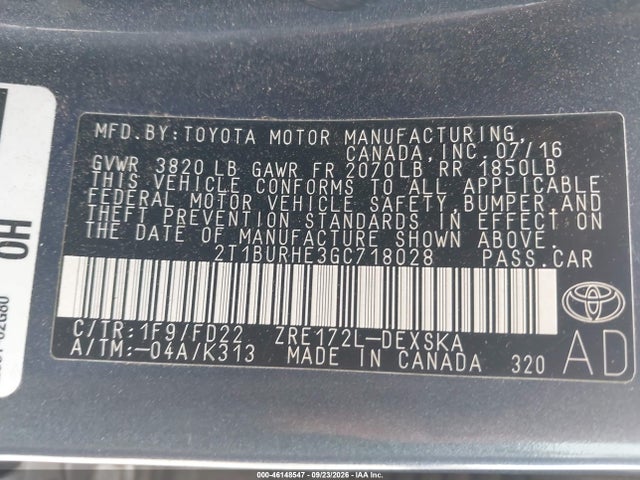 46148547 :رقم المزاد ، 2T1BURHE3GC718028 vin ، 2016 Toyota Corolla S Plus مزاد بيع