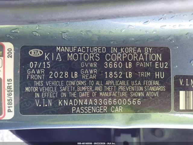 2016 Kia Rio Ex მანქანა იყიდება აუქციონზე, vin: KNADN4A33G6600566, აუქციონის ნომერი: 46148556