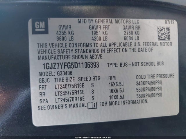 46148558 :رقم المزاد ، 1GJZ7YFG5D1106393 vin ، 2013 Gmc Savana 3500 Lt مزاد بيع