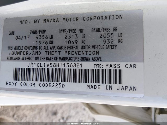 Продажа на аукционе авто 2017 Mazda Mazda6 Touring, vin: JM1GL1V58H1136821, номер лота: 46148561