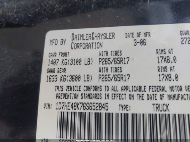 Продаж на аукціоні авто 2006 Dodge Dakota Slt, vin: 1D7HE48K76S652845, номер лоту: 46148562