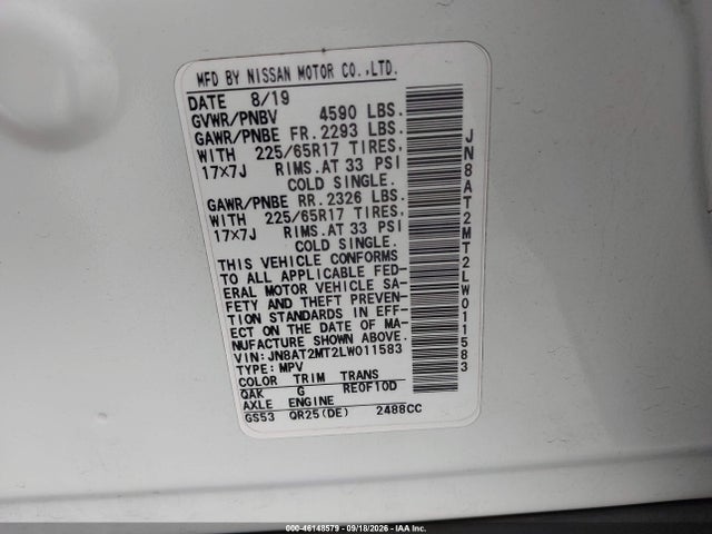 Продажа на аукционе авто 2020 Nissan Rogue Sv Fwd, vin: JN8AT2MT2LW011583, номер лота: 46148579
