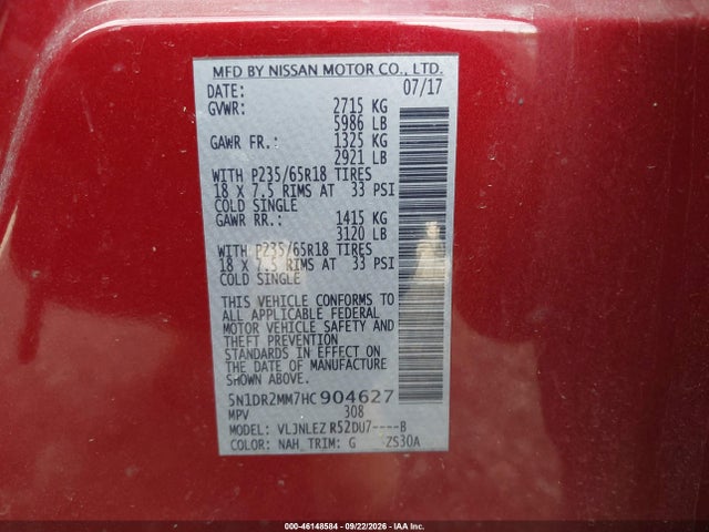 46148584 :رقم المزاد ، 5N1DR2MM7HC904627 vin ، 2017 Nissan Pathfinder Sv مزاد بيع