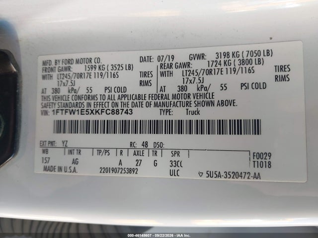 Продажа на аукционе авто 2019 Ford F-150 Xl, vin: 1FTFW1E5XKFC88743, номер лота: 46148607