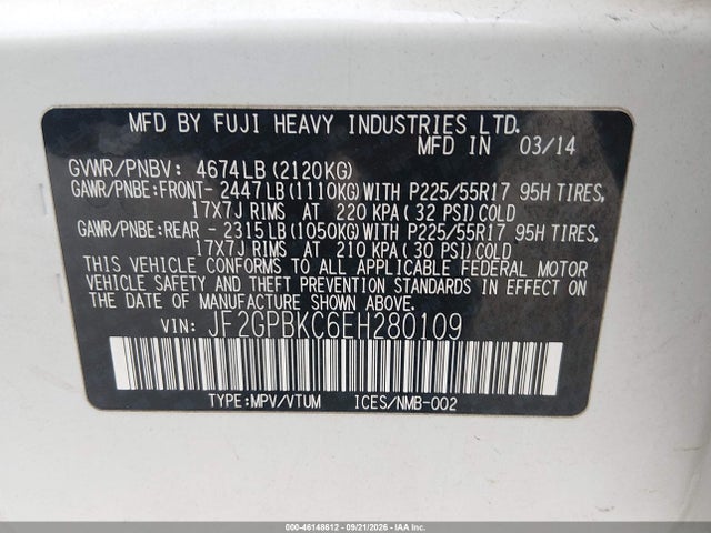 Aukcja sprzedaży 2014 Subaru Xv Crosstrek Hybrid 2.0i Touring, vin: JF2GPBKC6EH280109, numer aukcji: 46148612