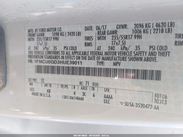 Продаж на аукціоні авто 2017 Ford Escape Se, vin: 1FMCU0GD3HUE39011, номер лоту: 46148620