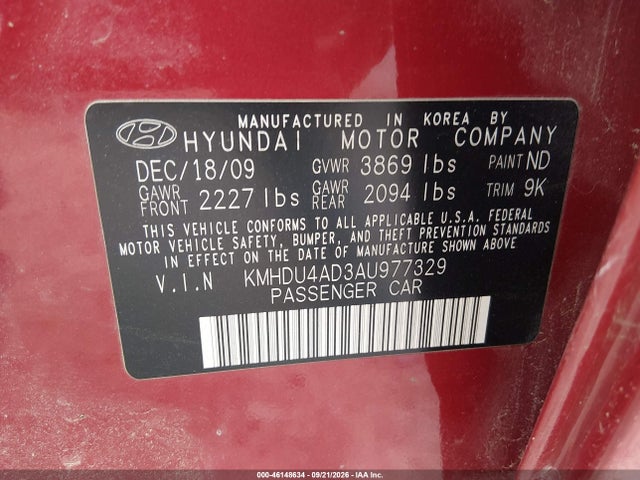Aukcja sprzedaży 2010 Hyundai Elantra Gls, vin: KMHDU4AD3AU977329, numer aukcji: 46148634