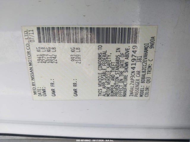 2012 Nissan Altima 2.5 S მანქანა იყიდება აუქციონზე, vin: 1N4AL2AP3CN419749, აუქციონის ნომერი: 46148642